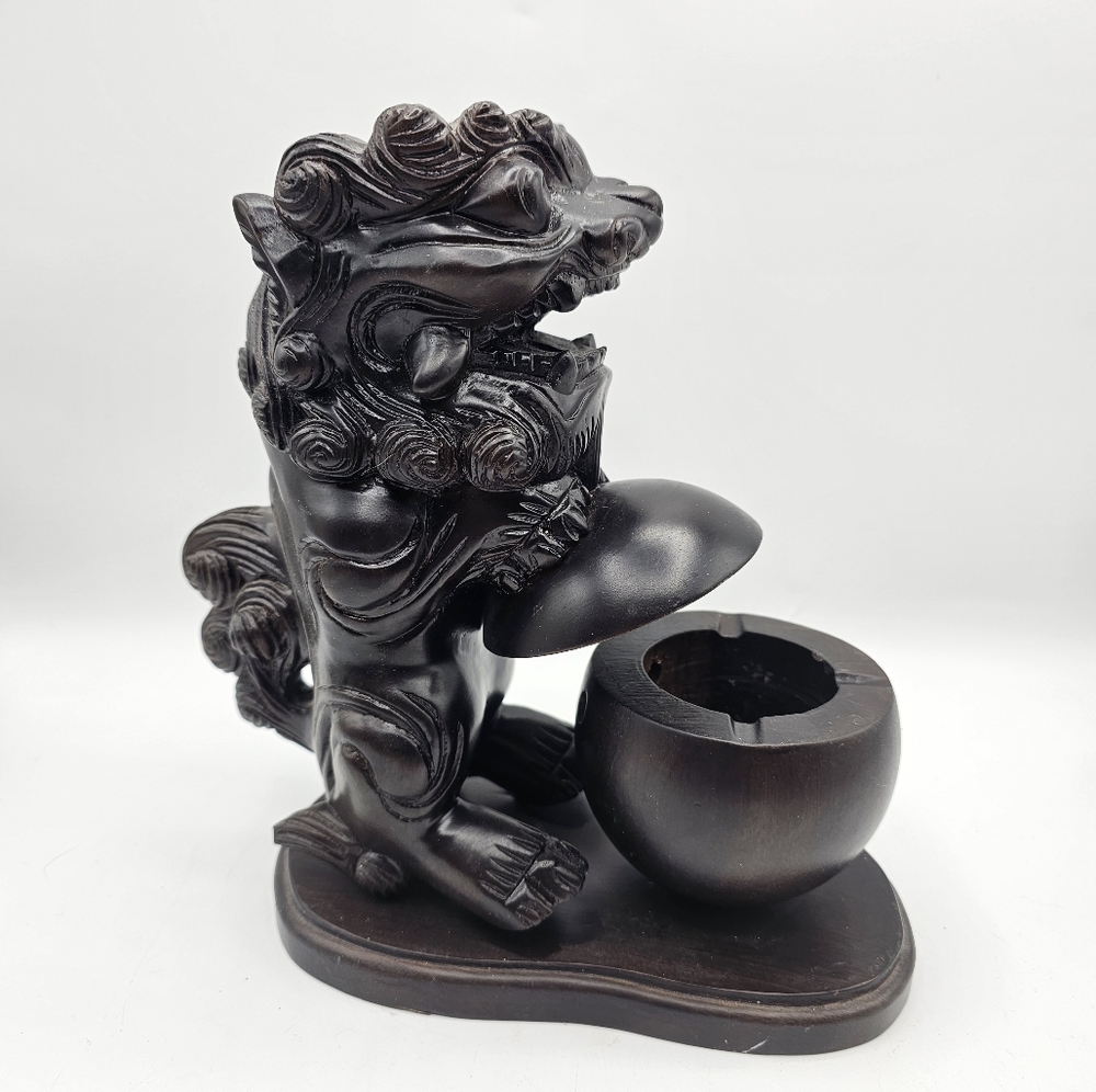 Vintage Foo Dog Lion Incense Burner Statue Dark Brown Carved Wood